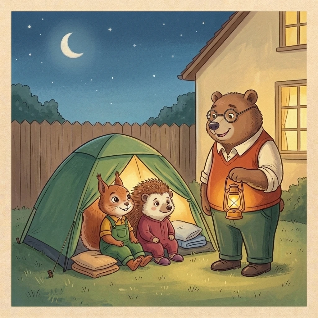 Aurelia and Bramble sit inside a cozy backyard tent while Nick stands nearby beneath the evening sky.