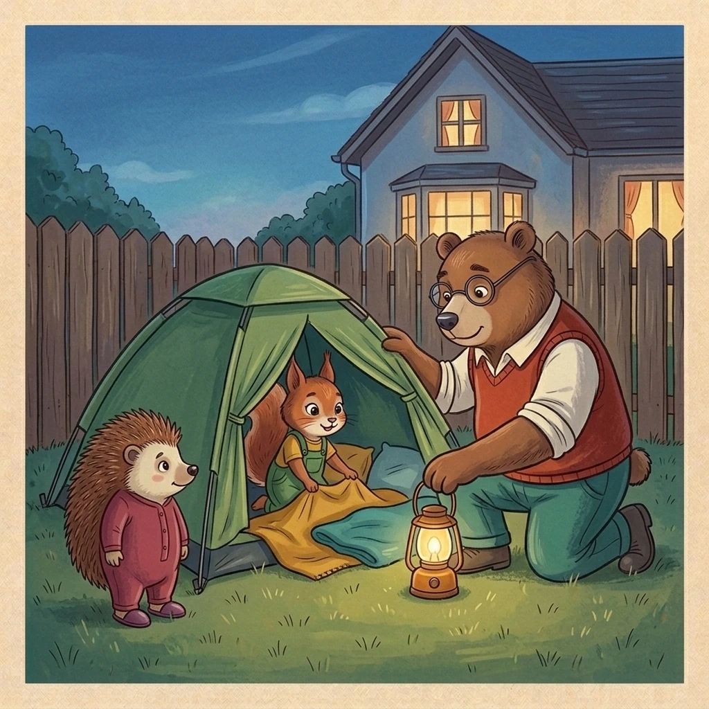 Nick checks a small backyard tent while Aurelia and Bramble arrange two blankets and two pillows.