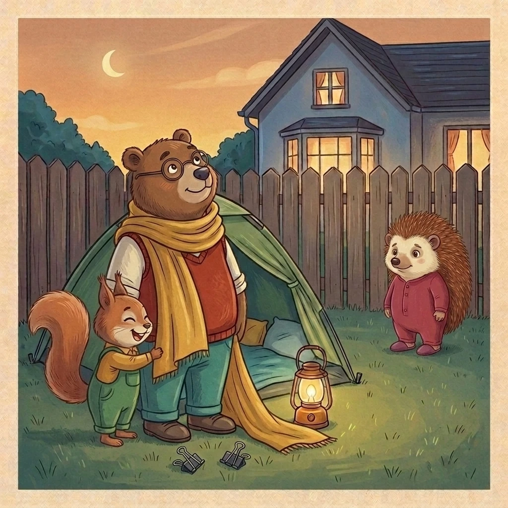 The fallen blanket curtain wraps harmlessly around Nick like a huge scarf while Bramble comments and Aurelia laughs.