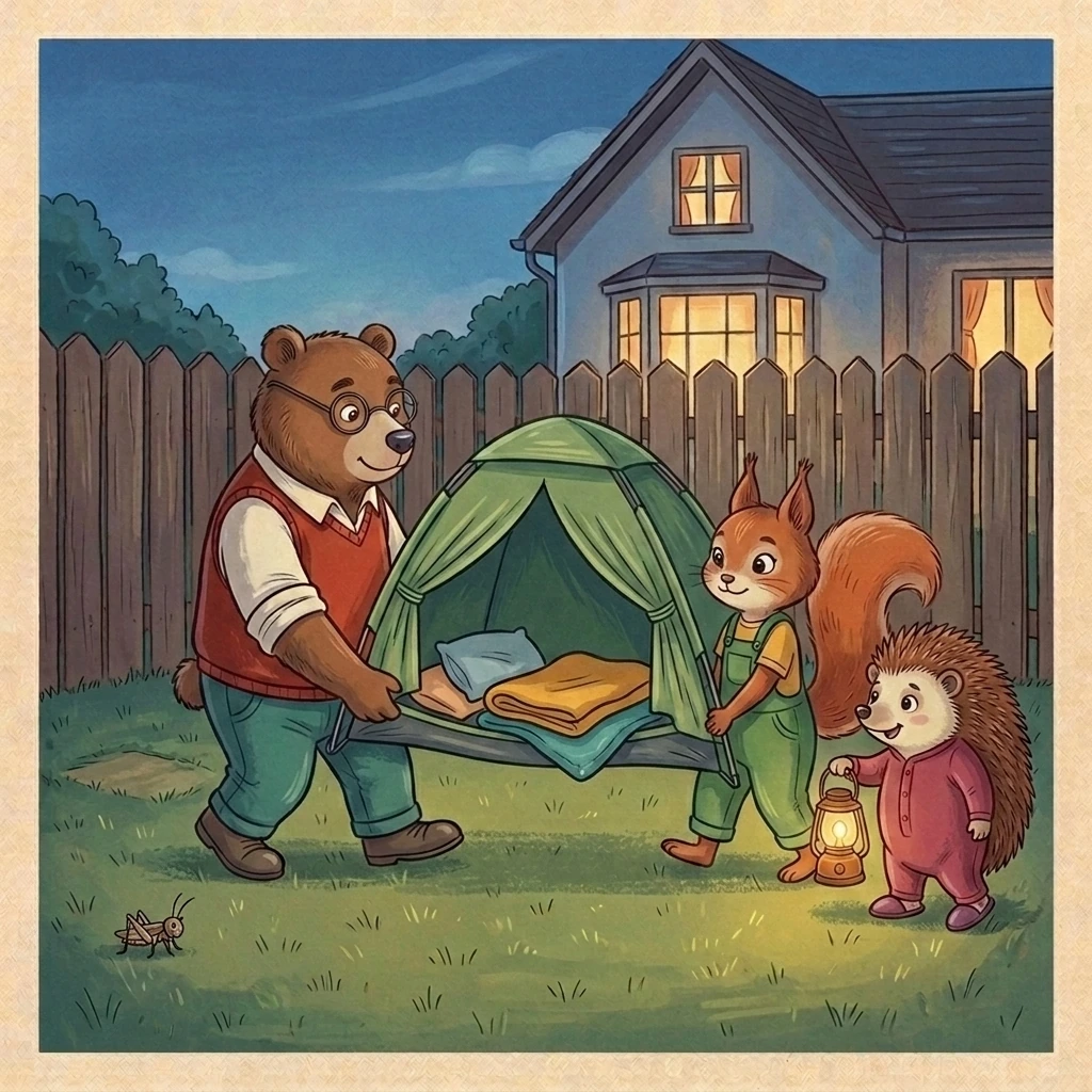 Nick, Aurelia, and Bramble carry the small tent and its simple bedding three steps from the cricket.