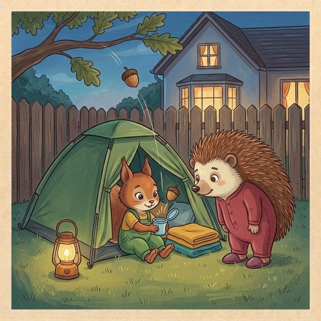 An acorn drops through the tent entrance into Aurelia’s water cup while Bramble peers inside.