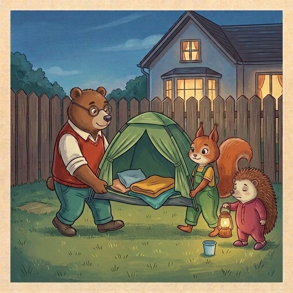 Nick and Aurelia return the tent to its original safe spot near the house while Bramble waits sleepily.