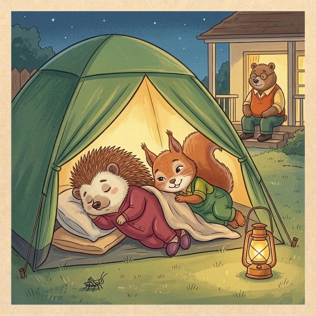 Aurelia smiles beside sleeping Bramble in the simple tent while Nick supervises from the nearby porch.
